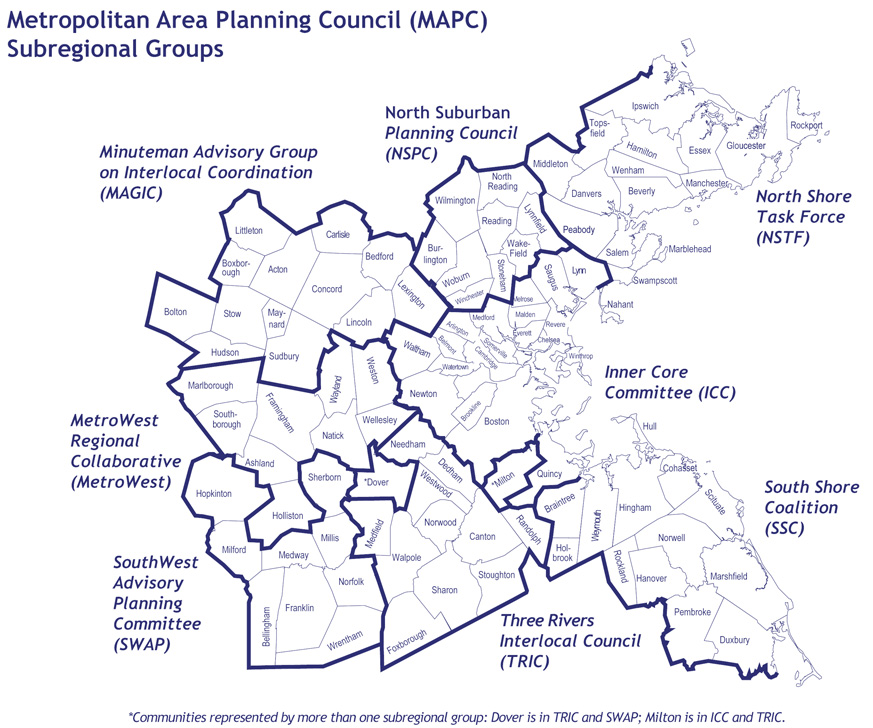 This map shows the MAPC Subregional Groups that are located within the Boston Region Region: North Shore Task Force, North Suburban Planning Council, Minuteman Advisory Group on Interlocal Coordination, MetroWest Regional Collaborative, SouthWest Advisory Planning Committee, Three Rivers Interlocal Council, South Shore Coalition, and Inner Core Committee.